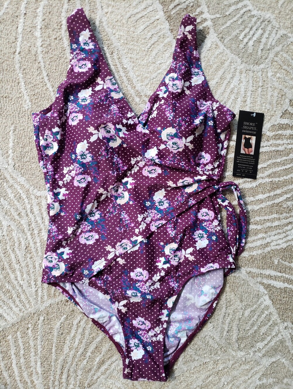 Shore Shapes Purple Floral Polka Dot One-Piece Swimsuit Sz.16 NWT